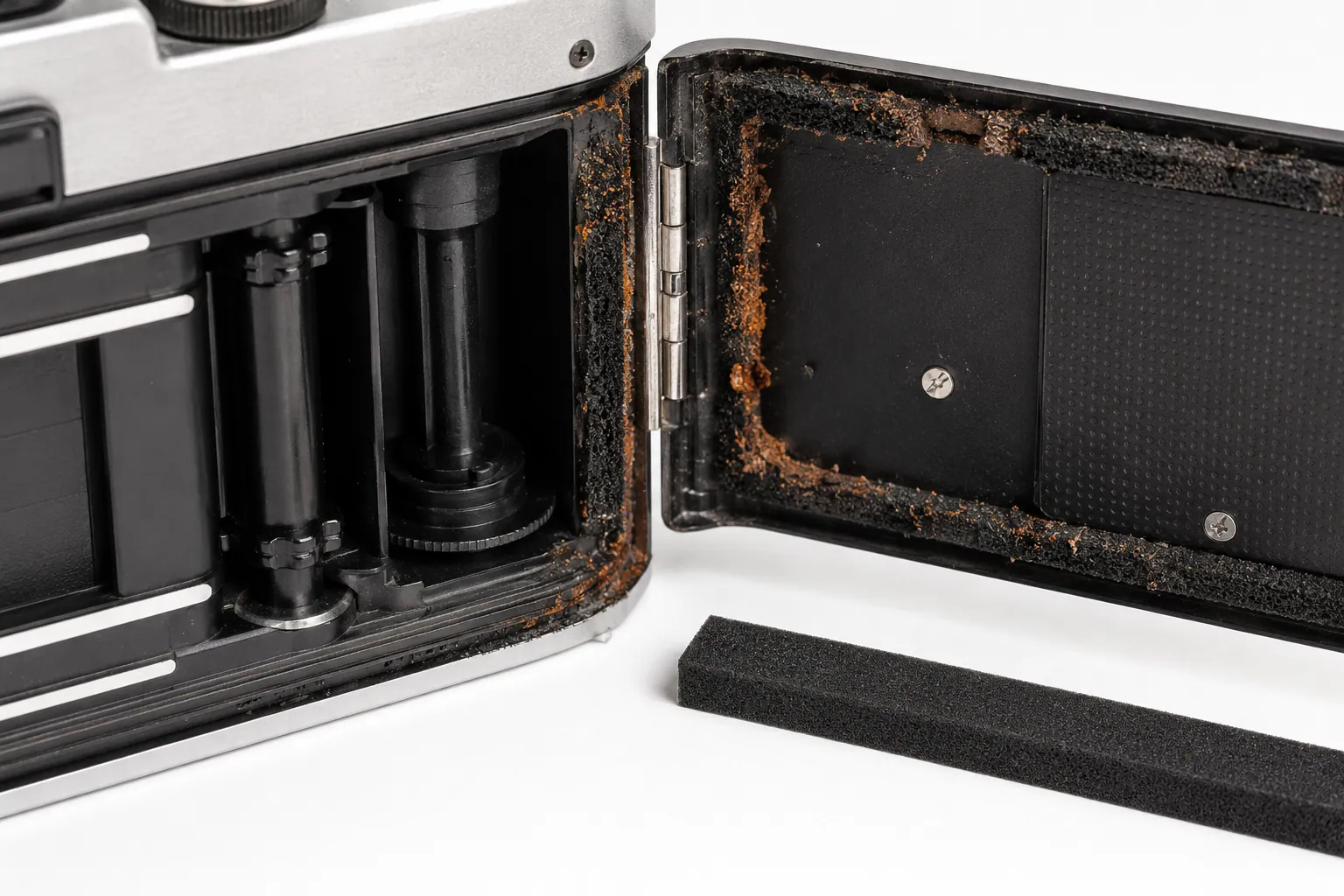 Close-up macro photograph of a vintage analog camera film door hinge area showing crumbling black foam light seals