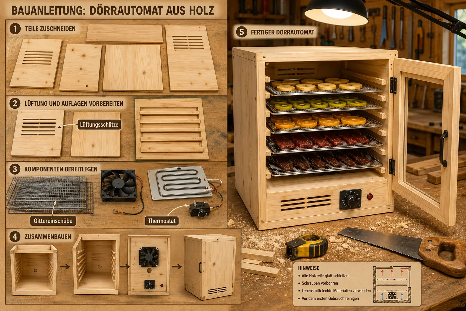 Detailed () step-by-step construction illustration showing a wooden Dörrautomaten being built in a home workshop. Left side