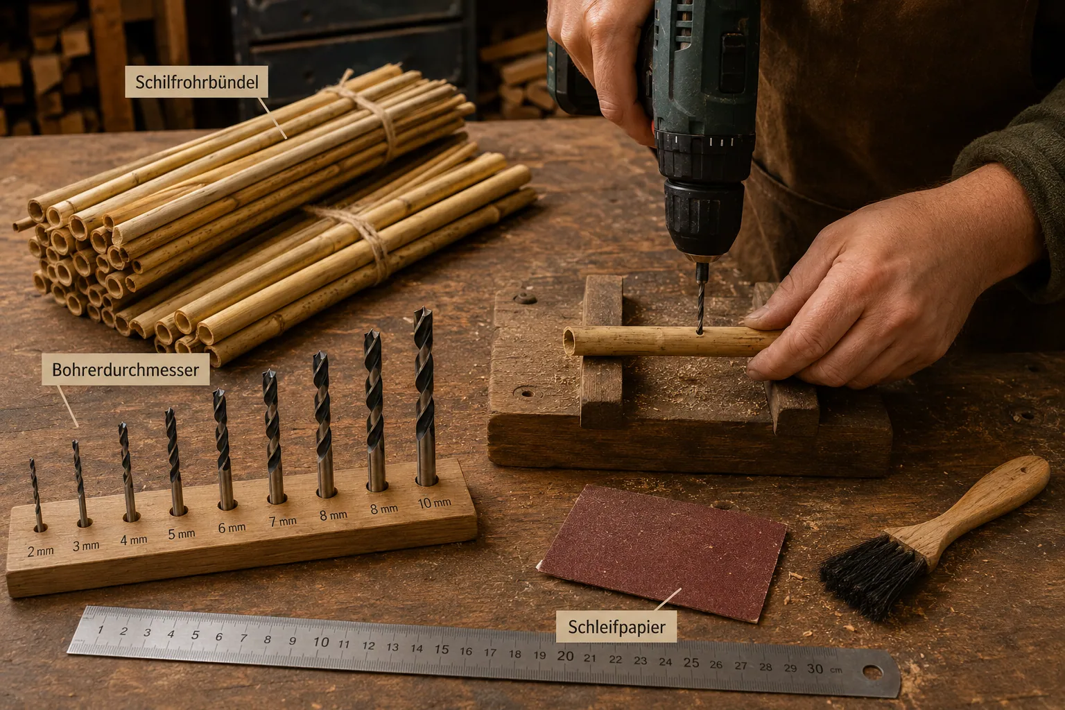 Detailed () instructional scene showing a wooden workbench with tools laid out: a hand drill with multiple drill bits of
